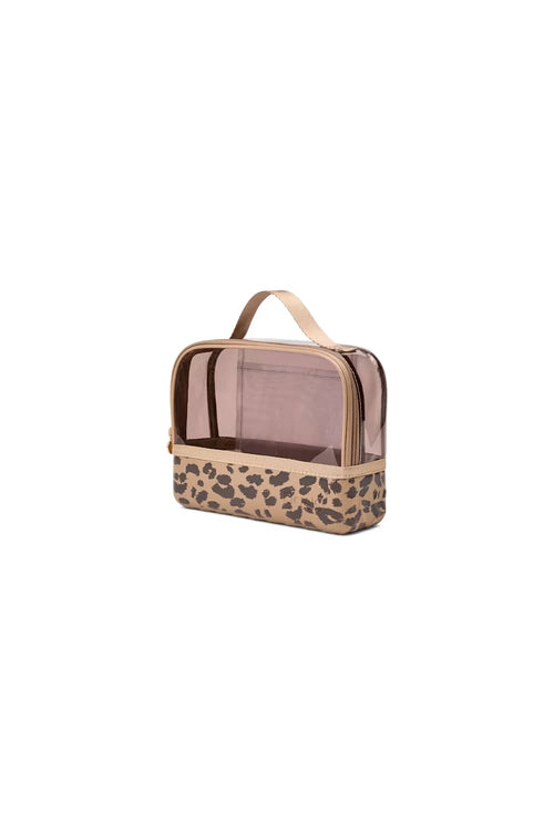 A rectangular toiletry bag with a leopard print pattern on the bottom half and a clear plastic top window with a beige handle, shown on a plain white background.