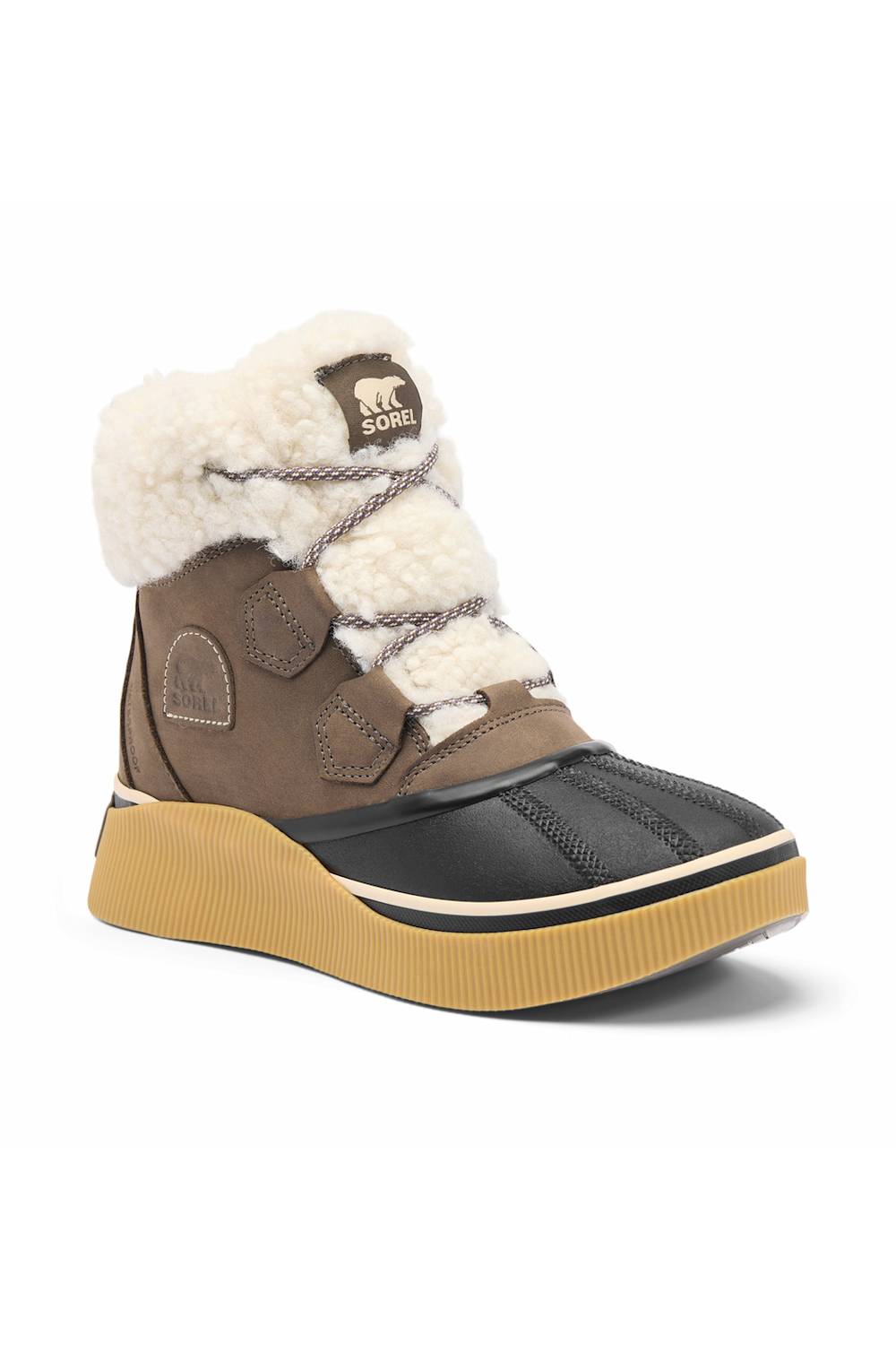 A single Sorel mid-calf winter boot with a brown suede upper, black toe cap, white shearling lining, and a tan rubber sole, shown on a white background.
