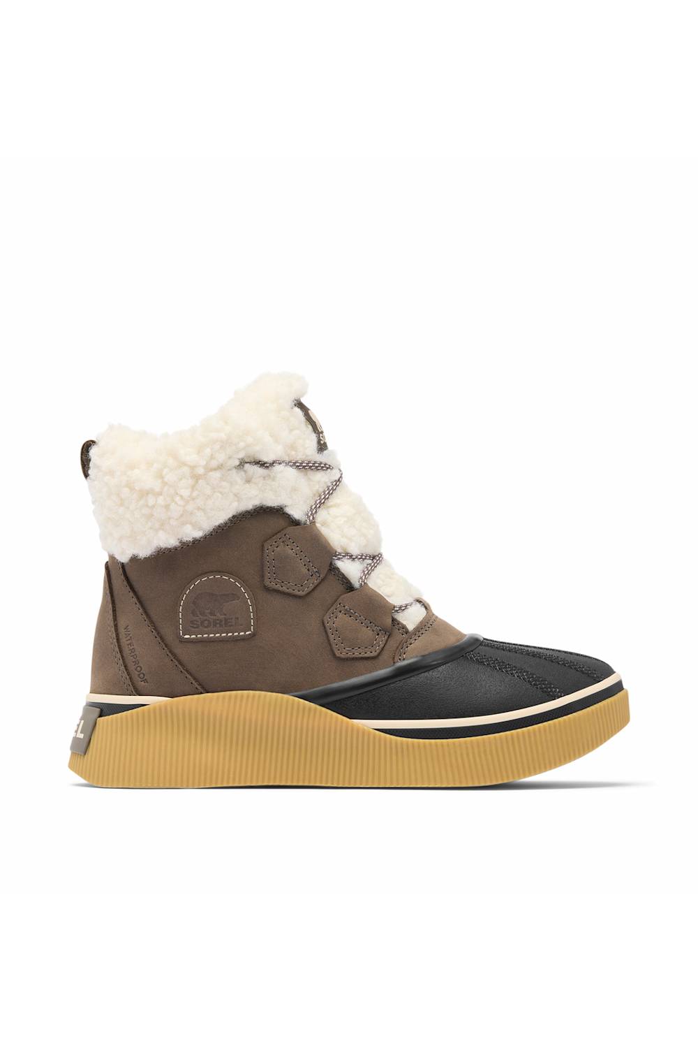 A single mid-height winter boot shown in profile against a plain white background. The boot features a brown upper with a white sherpa fleece collar, a black toe cap, and a thick tan gum sole.