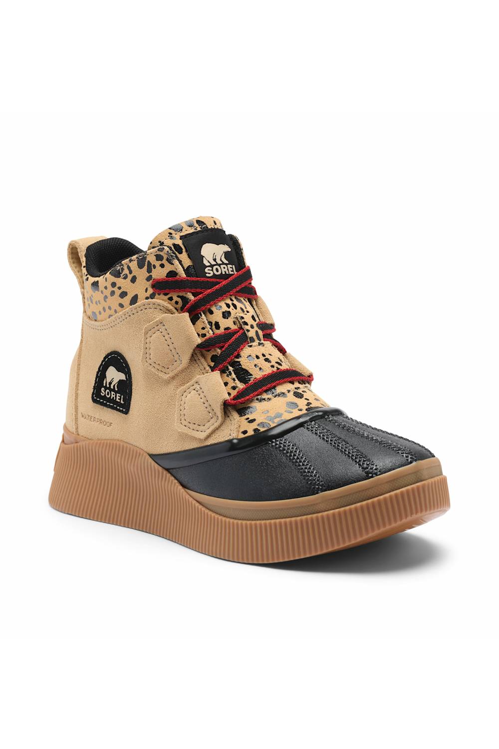 Tan high-top shoes with black rubber toe caps, red patterned laces, and printed detailing.