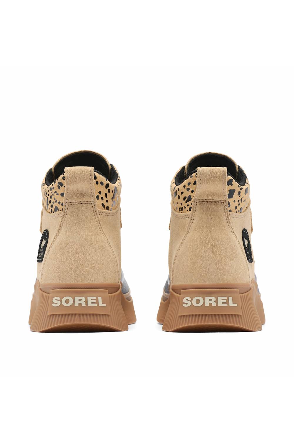 Pair of tan high-top shoes shown from the back, highlighting the heel tabs.