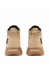 Pair of tan high-top shoes shown from the back, highlighting the heel tabs.