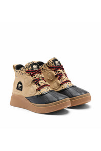Pair of tan high-top shoes shown at an angled side view.