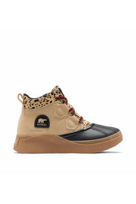 Tan high-top shoe shown from the opposite side with a black toe cap and patterned upper.