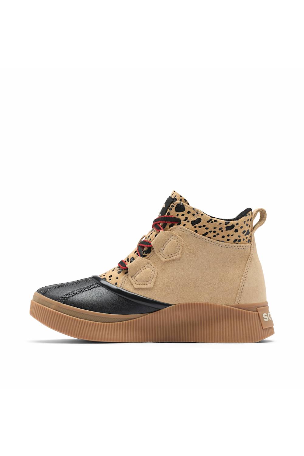 Tan high-top shoe shown from the side, featuring a black toe cap and brown sole.