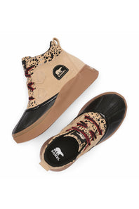 Tan high-top shoes displayed beside a matching black shoe accessory with printed detailing.