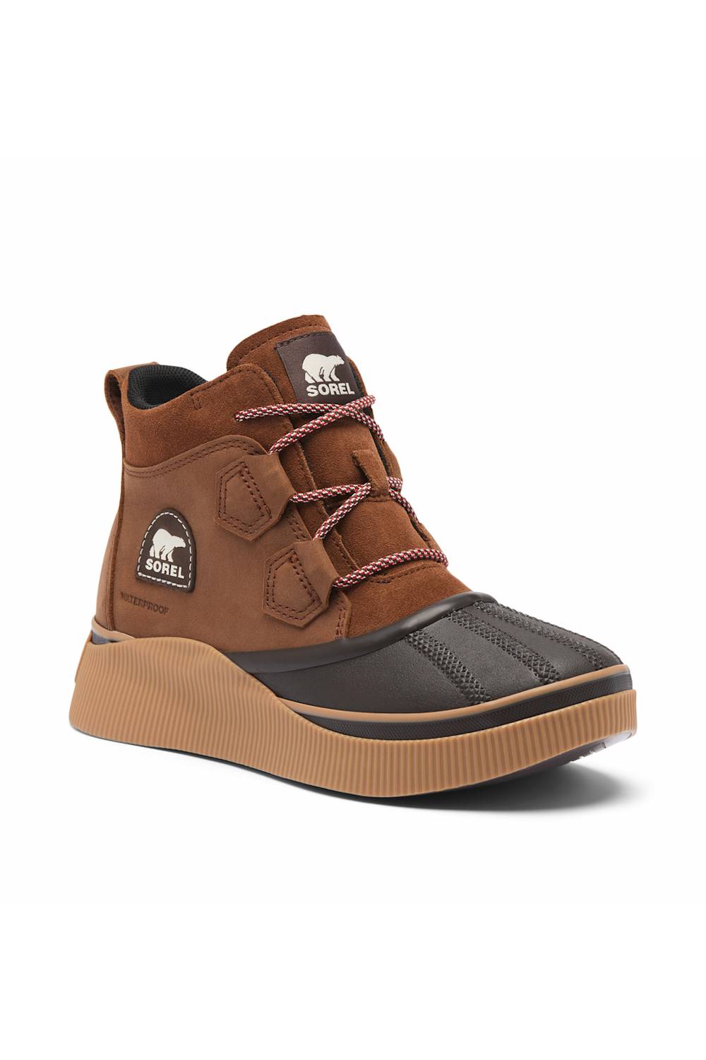 A Sorel Out N About IV Classic WP boot in Dark Auburn and Blackened Brown, shown from a side-angle view against a plain white background.