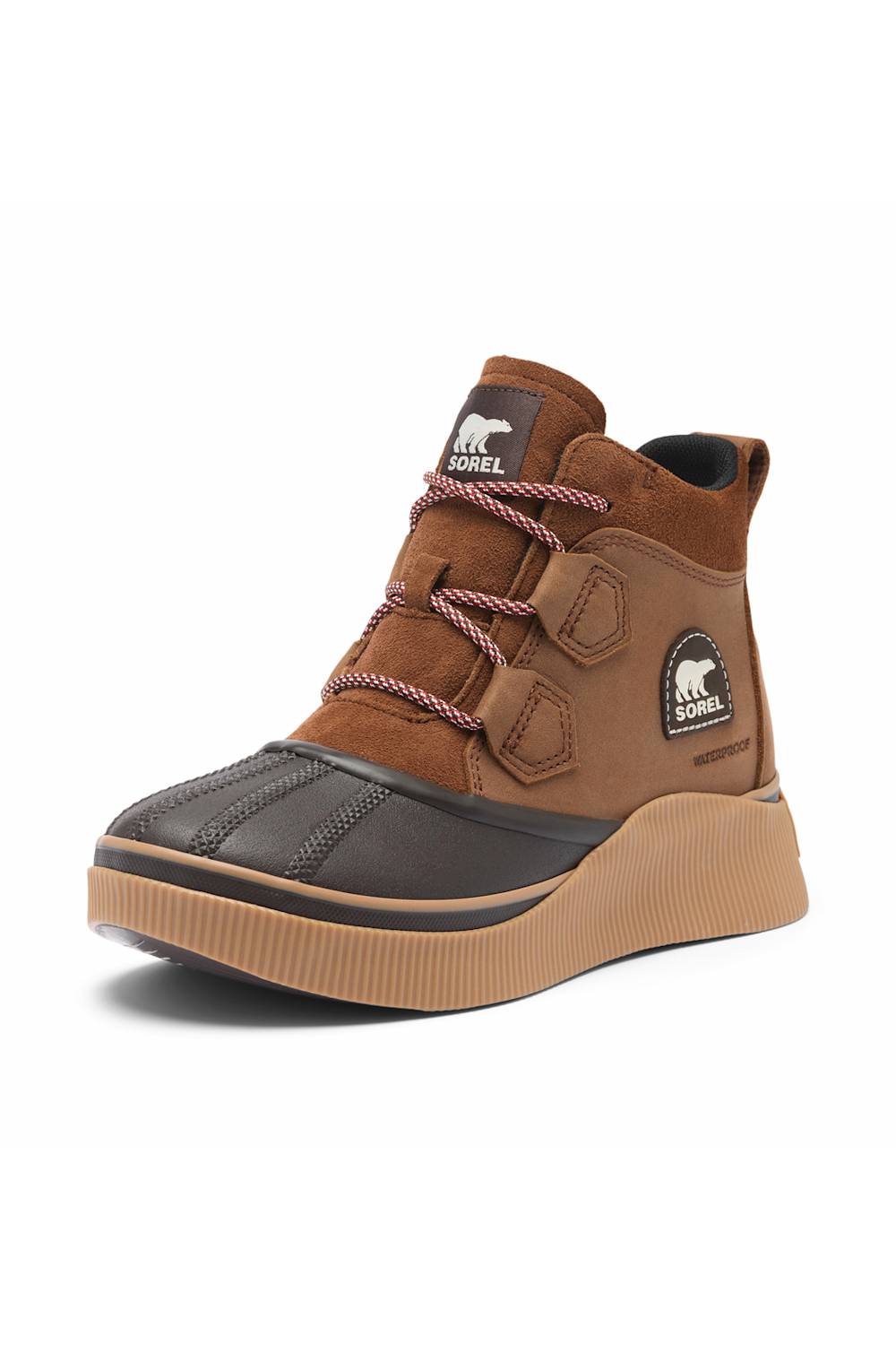 A Sorel Out N About IV Classic WP boot in Dark Auburn and Blackened Brown, shown from a front three-quarter low-angle view against a plain white background.