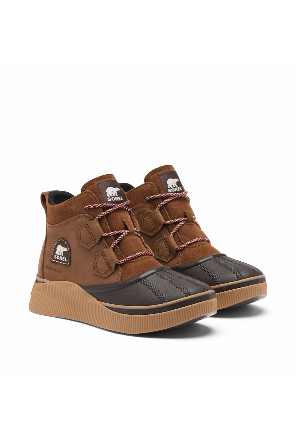 A pair of Sorel Out N About IV Classic WP boots in Dark Auburn and Blackened Brown, shown from a three-quarter front angle against a plain white background.