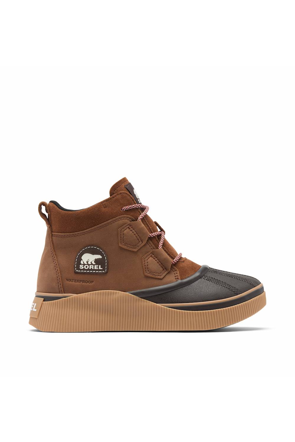 A Sorel Out N About IV Classic WP boot in Dark Auburn and Blackened Brown, shown from a low-angle side profile view against a plain white background.