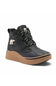 sOREL ONA boot in black with a textured upper, lace-up front, padded ankle collar, contrasting tan side logo, and chunky brown gum sole.