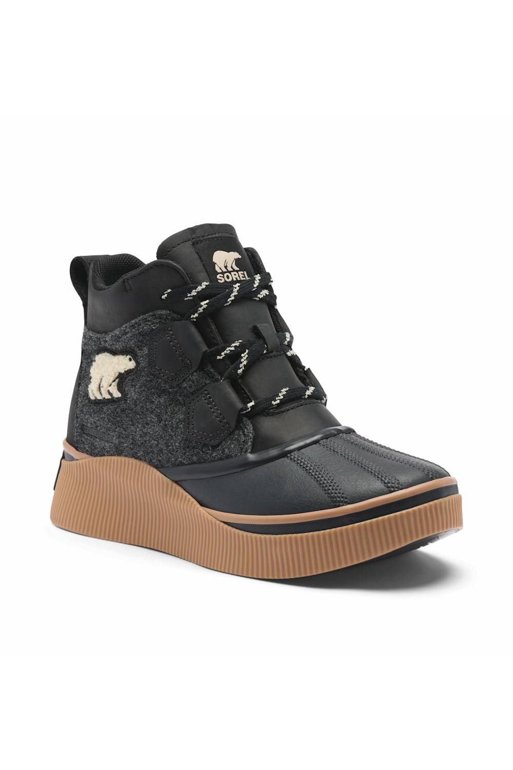sOREL ONA boot in black with a textured upper, lace-up front, padded ankle collar, contrasting tan side logo, and chunky brown gum sole.