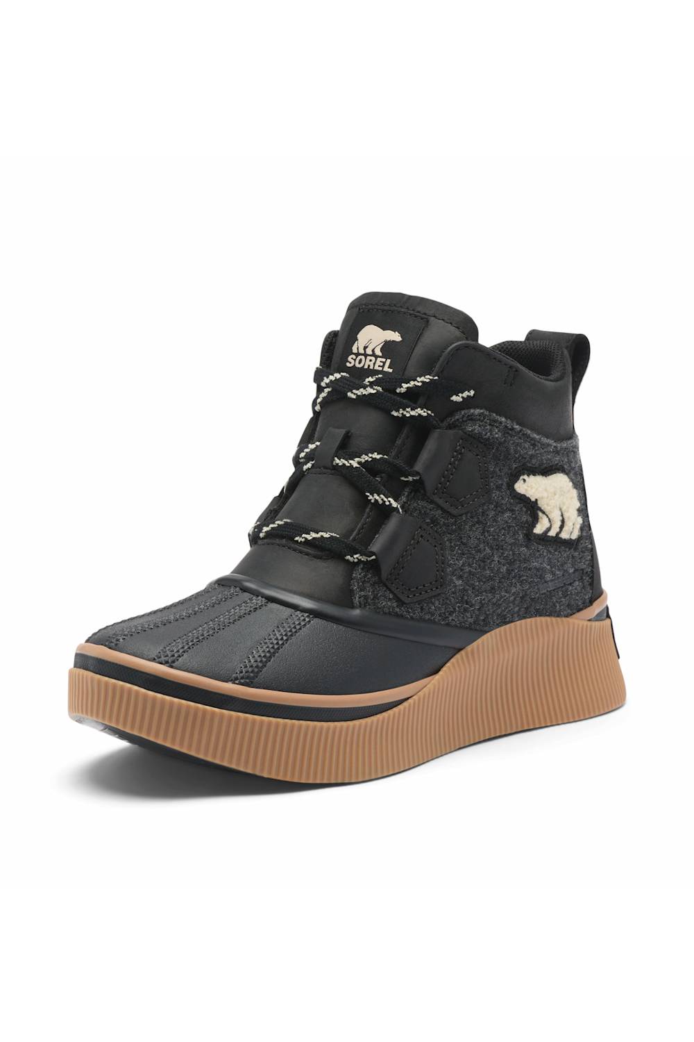 SOREL ONA black boot viewed from the opposite angle, featuring black laces, a rugged upper, and a thick brown gum sole.