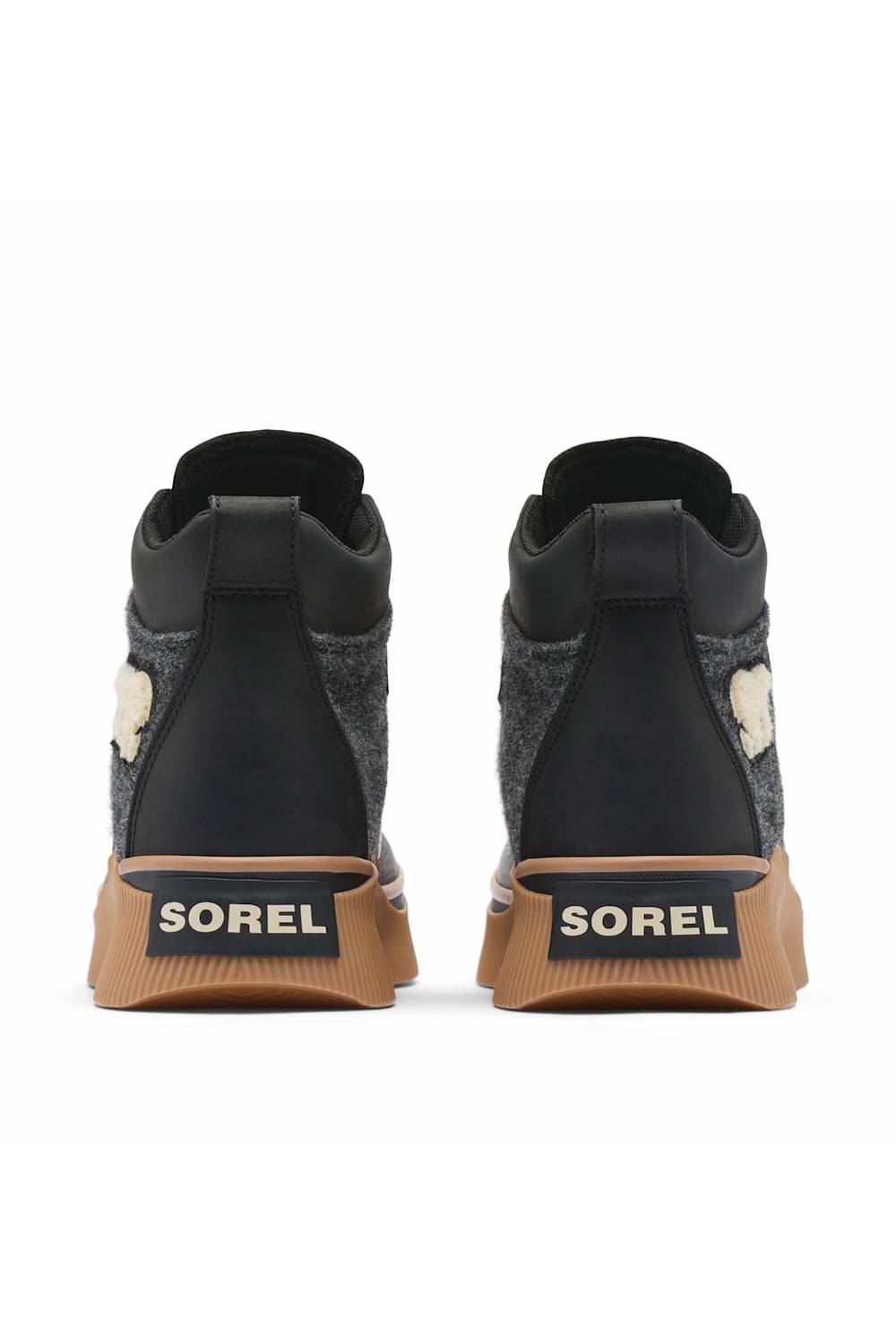 Back view of a pair of black SOREL ONA boots, showing branded heel tabs and contrasting brown gum soles.