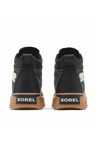 Back view of a pair of black SOREL ONA boots, showing branded heel tabs and contrasting brown gum soles.