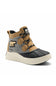  SOREL ONA boot in tan and black, featuring a suede upper, padded ankle collar, decorative side logo, and chunky off-white platform sole.