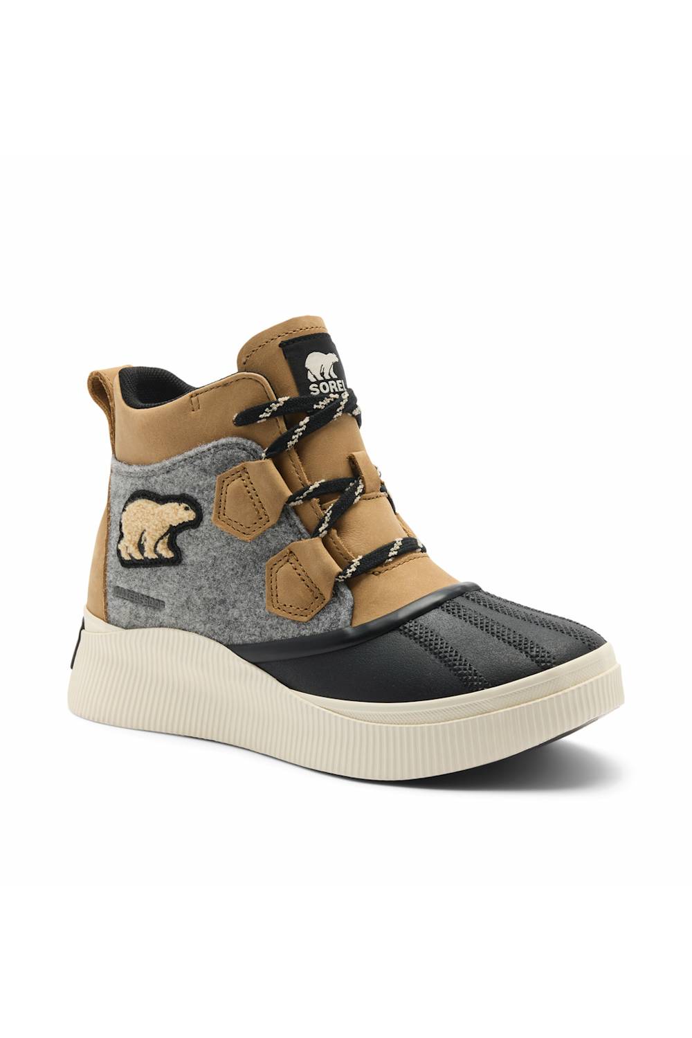  SOREL ONA boot in tan and black, featuring a suede upper, padded ankle collar, decorative side logo, and chunky off-white platform sole.