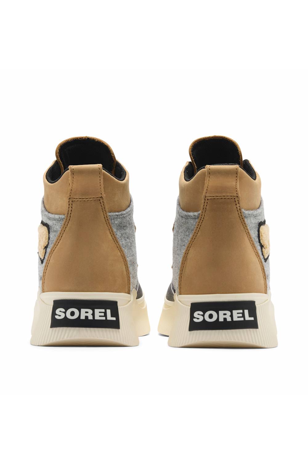 Back view of a pair of SOREL ONA boots, featuring tan heel panels, black pull tabs, and branded heel details.