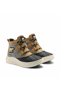 Pair of SOREL ONA boots in tan and black, showcasing the lace-up design, contrasting materials, and platform soles.