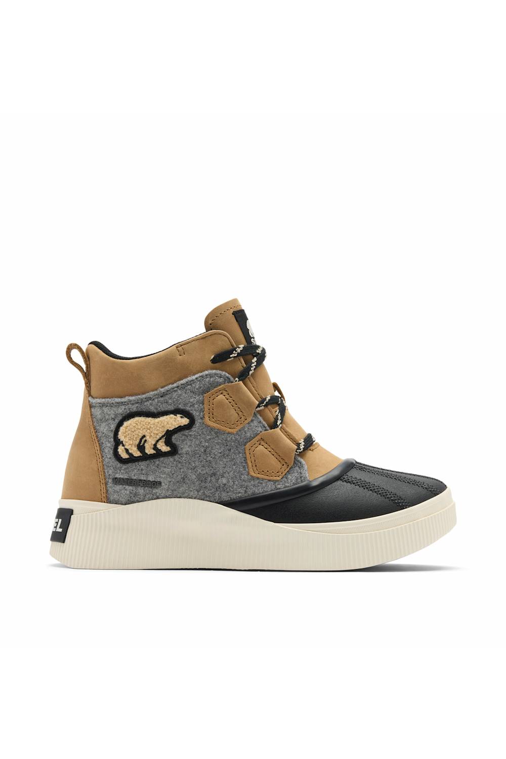 SOREL ONA boot in tan and black, highlighting the side panel, decorative logo, and rugged platform sole.
