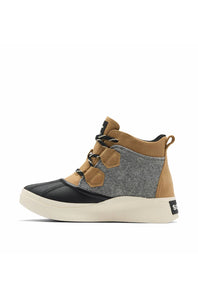 sOREL ONA boot in tan and black suede, shown in profile with lace-up detailing and a thick off-white sole.