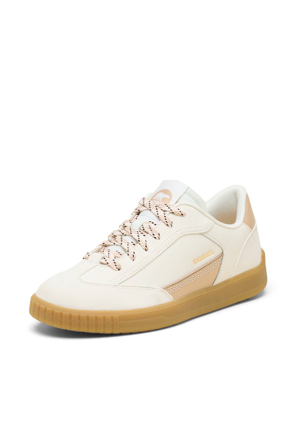 A low-top sneaker in off-white leather with beige suede side panels, beige speckled laces, and a gum brown sole, shown on a plain white background.