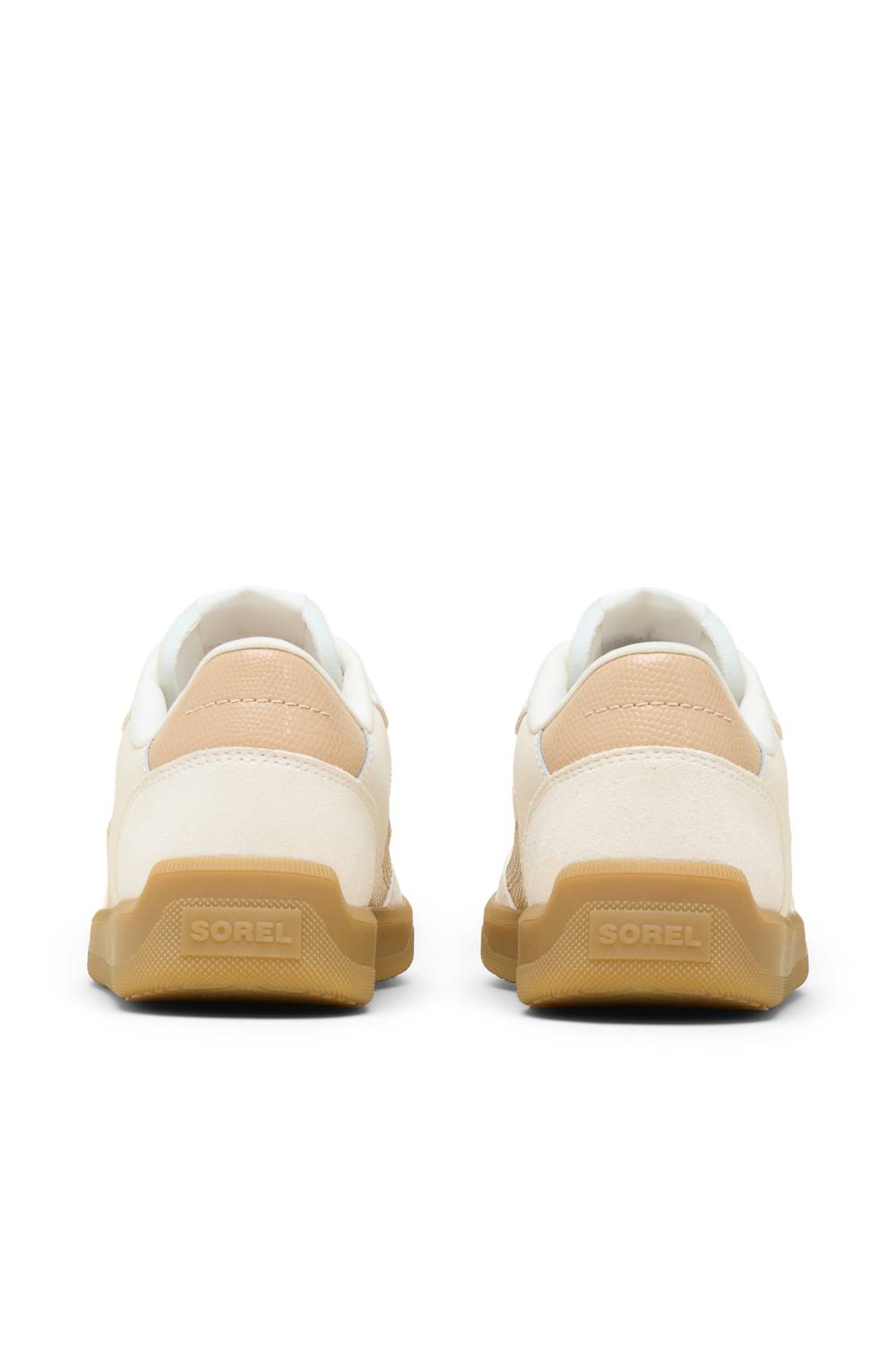A pair of low-top sneakers in off-white leather with beige side panels, tan gum soles, and metallic rose-gold patterned laces, shown on a clean white background.