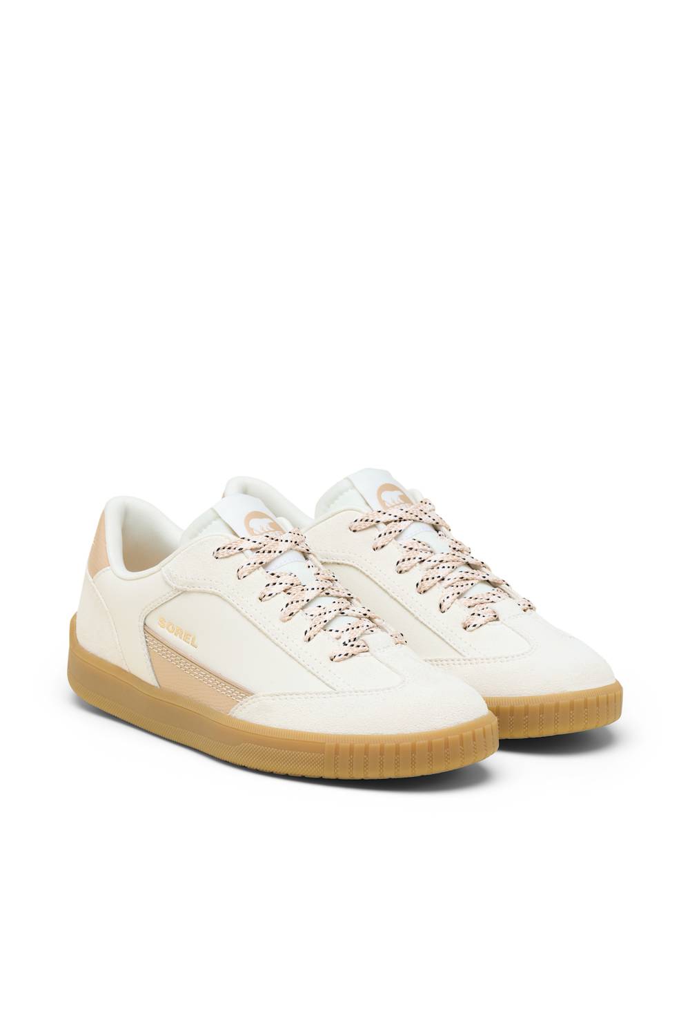 A pair of low-top sneakers in off-white leather with beige side panels, tan gum soles, and metallic rose-gold patterned laces, shown on a clean white background.