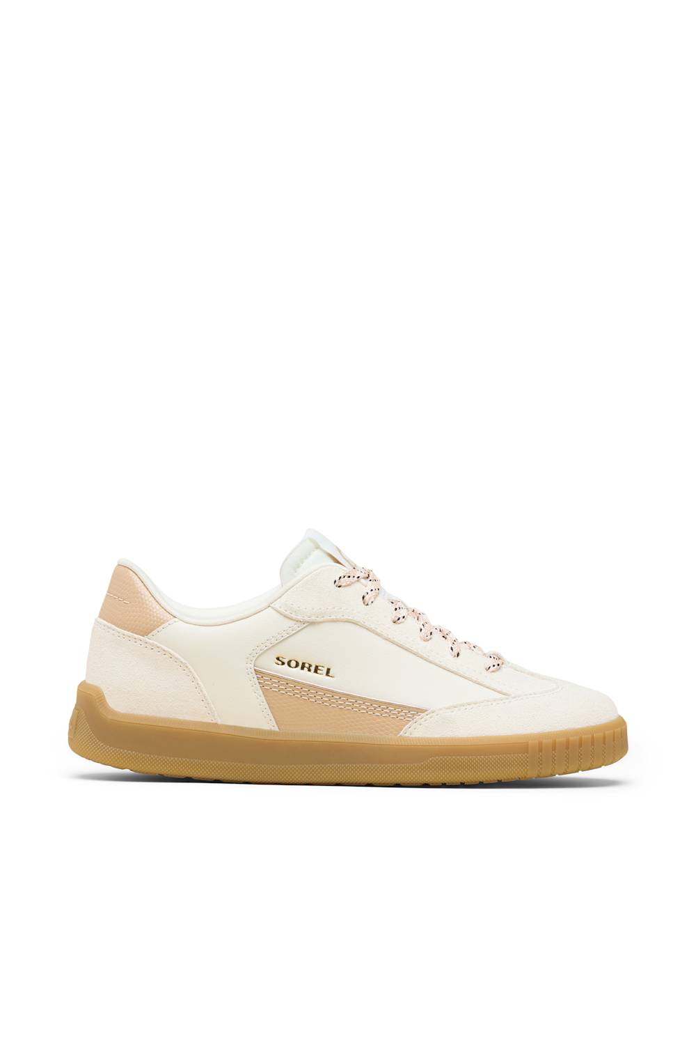 A pair of low-top sneakers in off-white leather with beige side panels, tan gum soles, and metallic rose-gold patterned laces, shown on a clean white background.