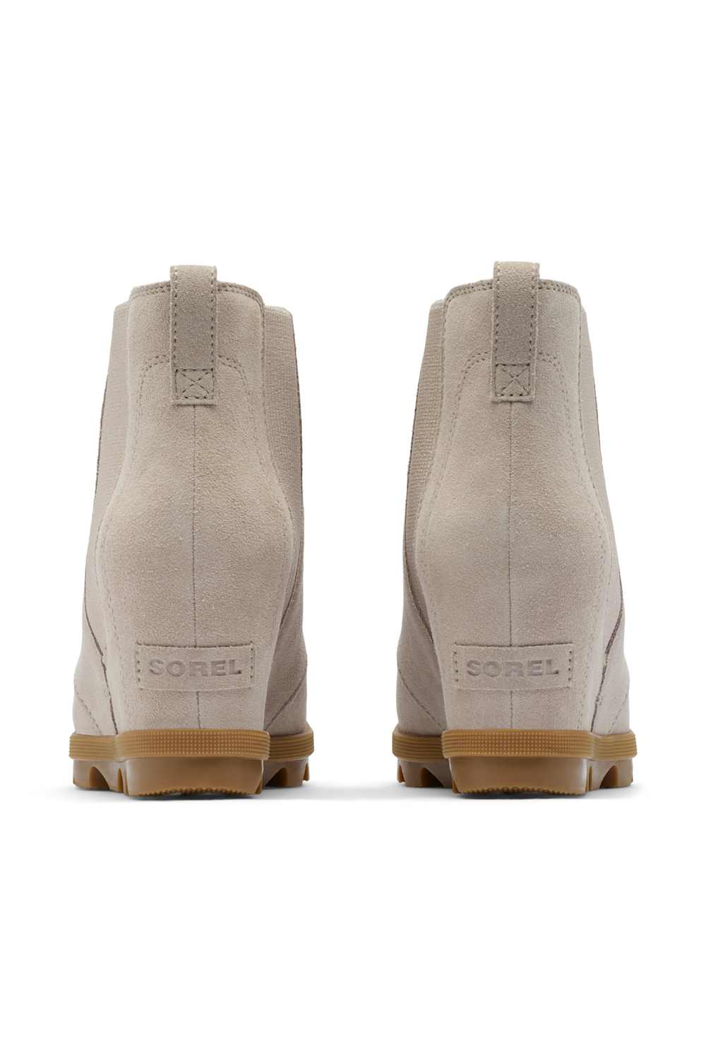 A pair of GOREL ankle boots shown from the back, featuring a light beige suede upper and a tan rubber sole, set against a plain white background.