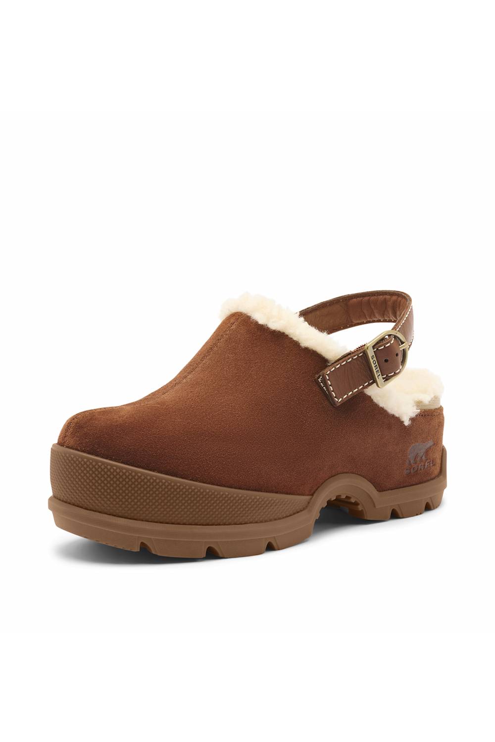 A brown suede clog shoe with a white faux-fur lining and a brown strap closure, shown from a side profile on a white background.