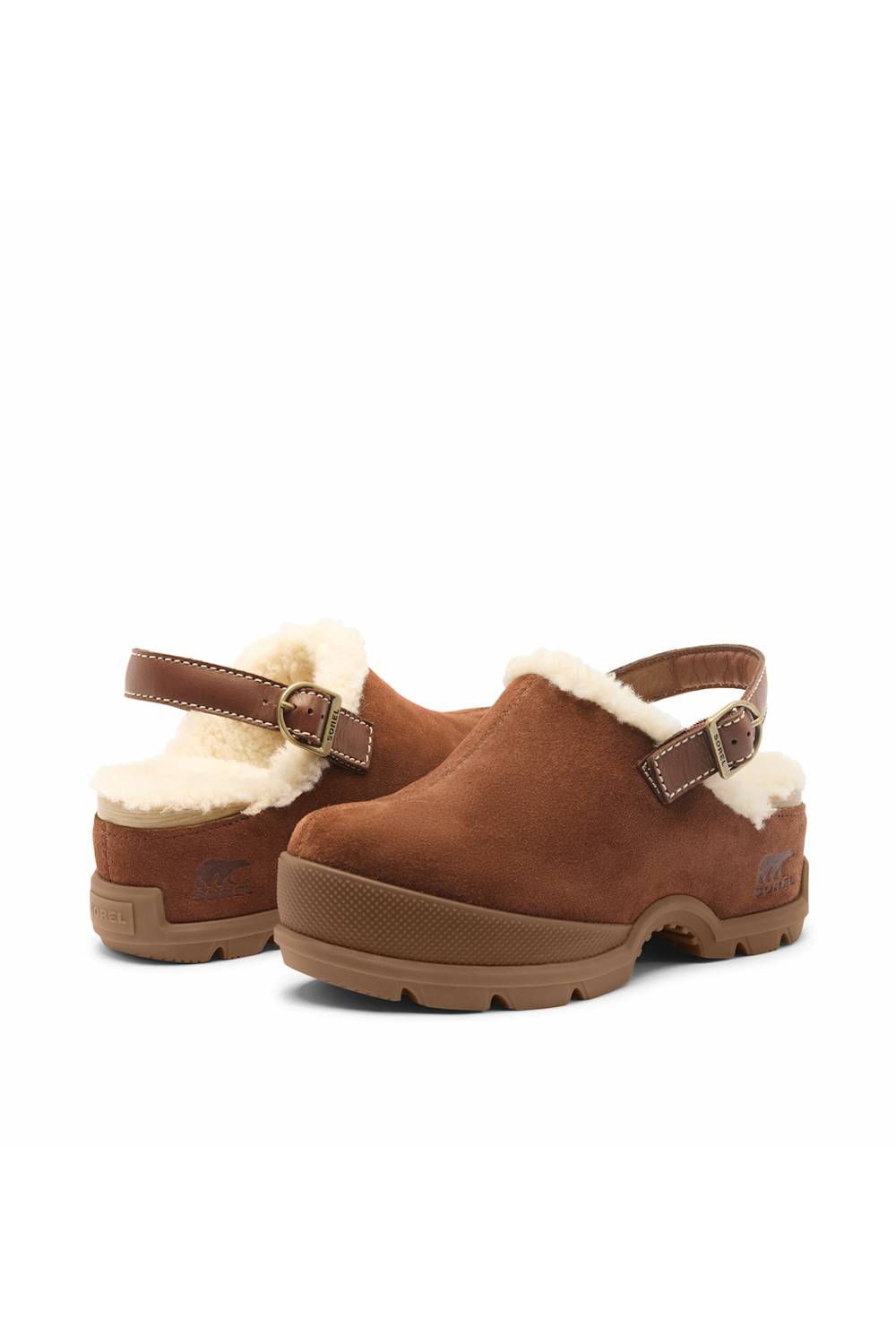 A pair of brown suede clogs with white shearling lining and adjustable ankle straps, shown on a plain white background.