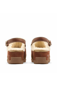 A pair of Sorell women's Mary Jane clogs shown from the back, featuring brown suede uppers with a cream shearling lining, a brown ankle strap with a gold-tone buckle, and a brown rubber sole.