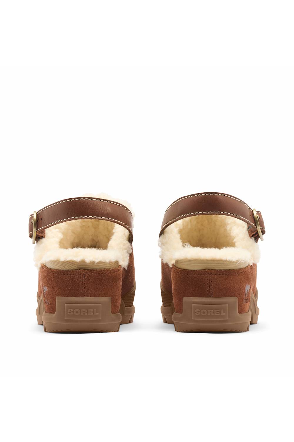A pair of Sorell women's Mary Jane clogs shown from the back, featuring brown suede uppers with a cream shearling lining, a brown ankle strap with a gold-tone buckle, and a brown rubber sole.