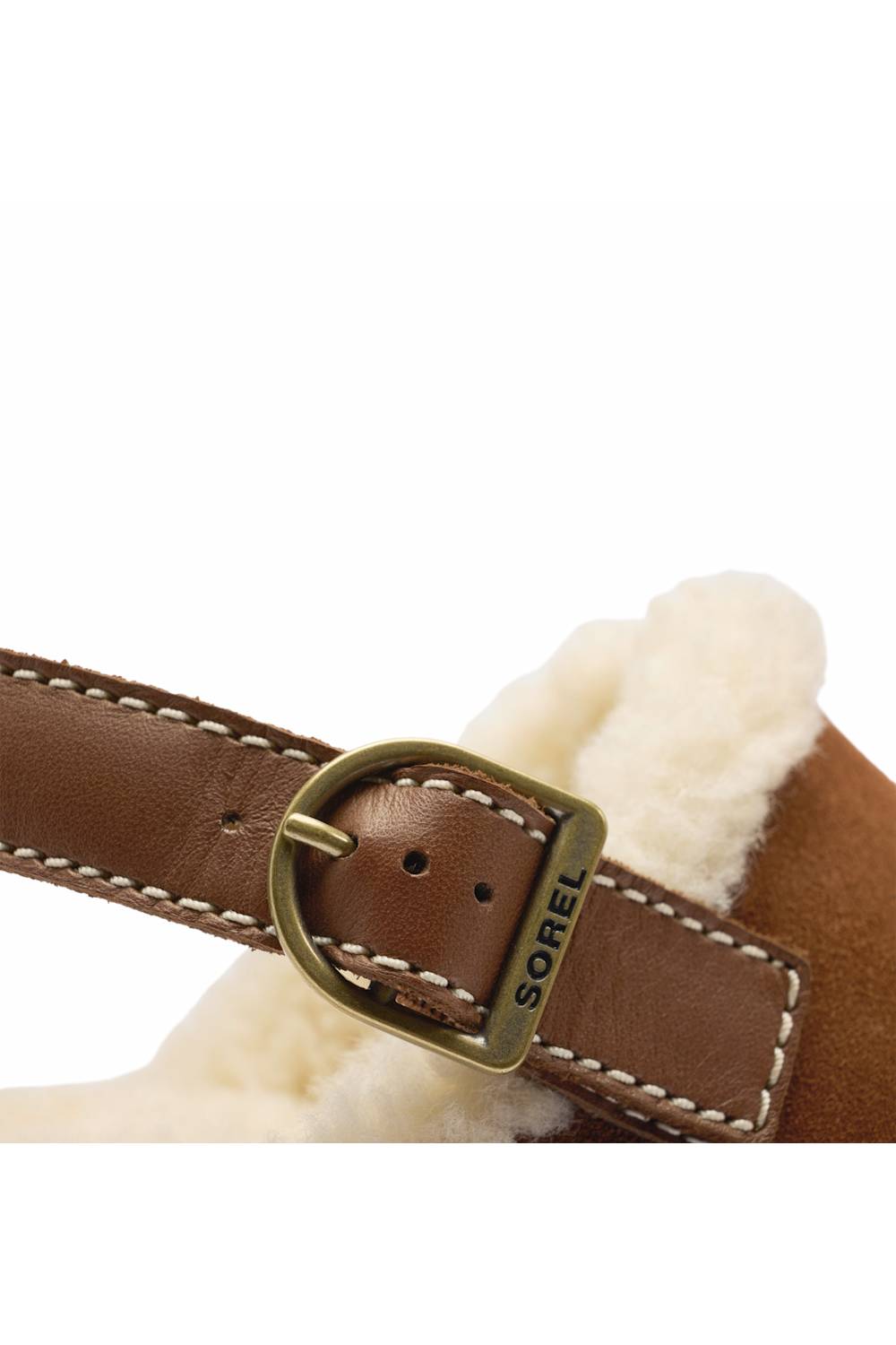 Close-up of a brown leather strap with white contrast stitching, a brass buckle, and a white shearling lining. The brand name 'SOREL' is embossed on the buckle.