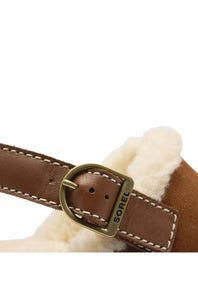 Close-up of a brown leather strap with white contrast stitching, a brass buckle, and a white shearling lining. The brand name 'SOREL' is embossed on the buckle.