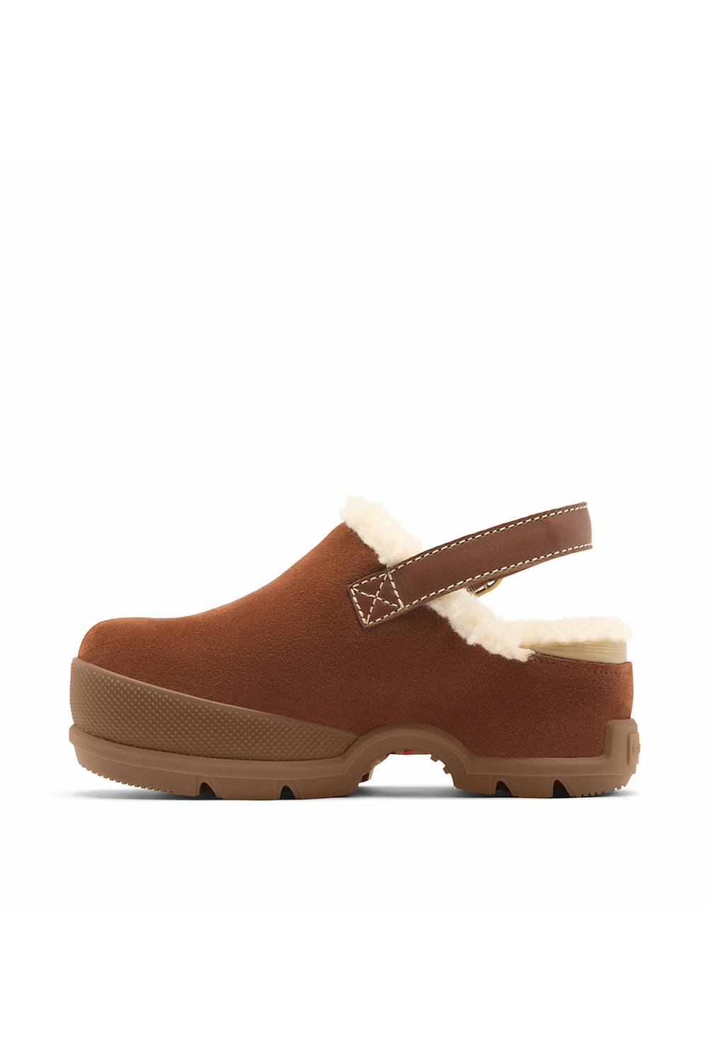 A brown suede clog shoe with a cream shearling lining and a brown strap, shown from a side profile on a white background.