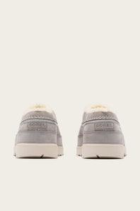 A pair of light gray suede slip-on clogs with white shearling lining, shown from the back on a light cream background. The brand name SOREL is visible on the heel tab.