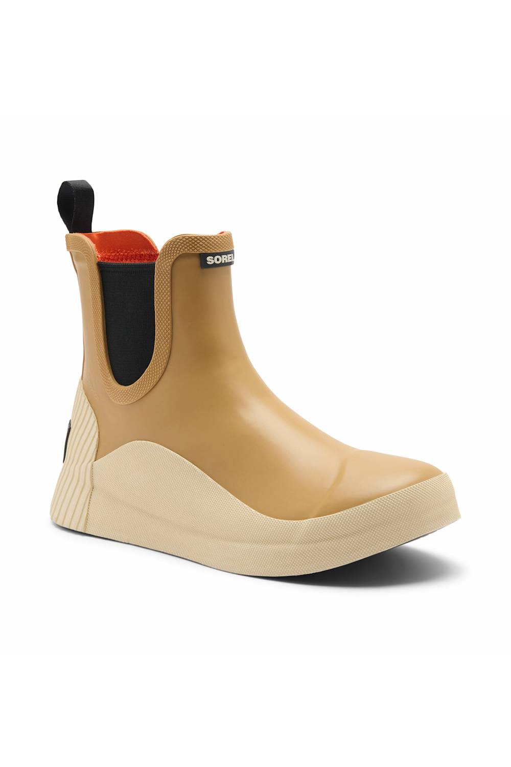 A single boot in tan and cream, featuring a black elastic side panel, a red interior lining, and a pull tab, shown on a white background.