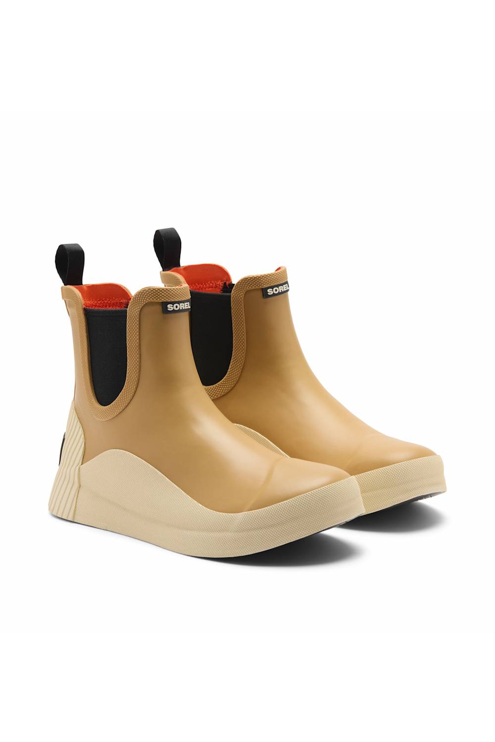 A pair of rubber rain boots in tan with black elastic side panels and a red lining, shown on a white background.