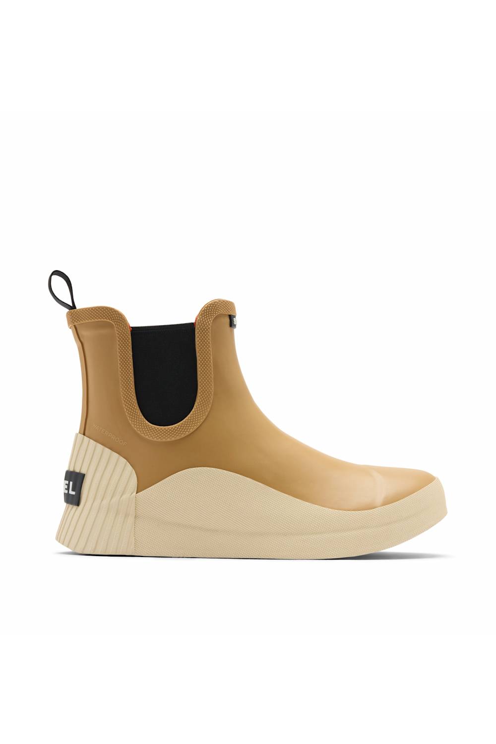 A Chelsea boot in tan and beige with a black elastic side panel and a chunky cream platform sole, shown from the side on a white background.