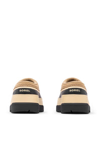 A pair of beige and black Sorel slip-on shoes shown from the back on a plain white background.