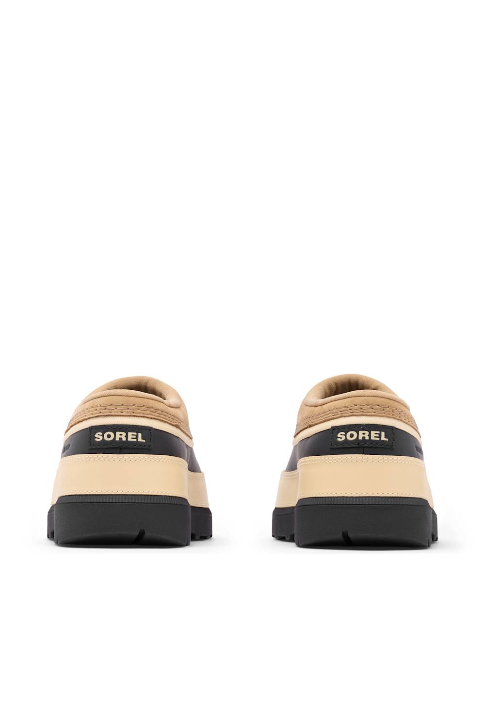 A pair of beige and black Sorel slip-on shoes shown from the back on a plain white background.