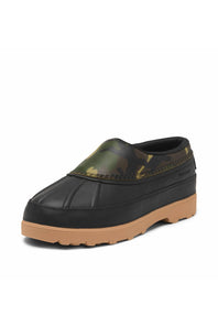 A single slip-on clog-style shoe with a black rubber toe cap and sole, a tan gum sole, and a green camouflage patterned upper, shown on a plain white background.