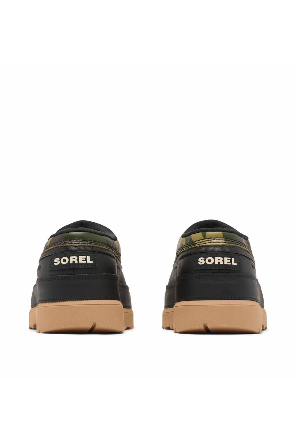 A pair of black Sorel sneakers shown from the back, featuring a camouflage pattern on the collar, gold 'SOREL' branding on the heel, and a tan gum sole.