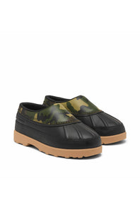 A pair of slip-on clogs with black rubber toes and heels, a green camouflage pattern across the upper, and tan soles, shown on a plain white background.