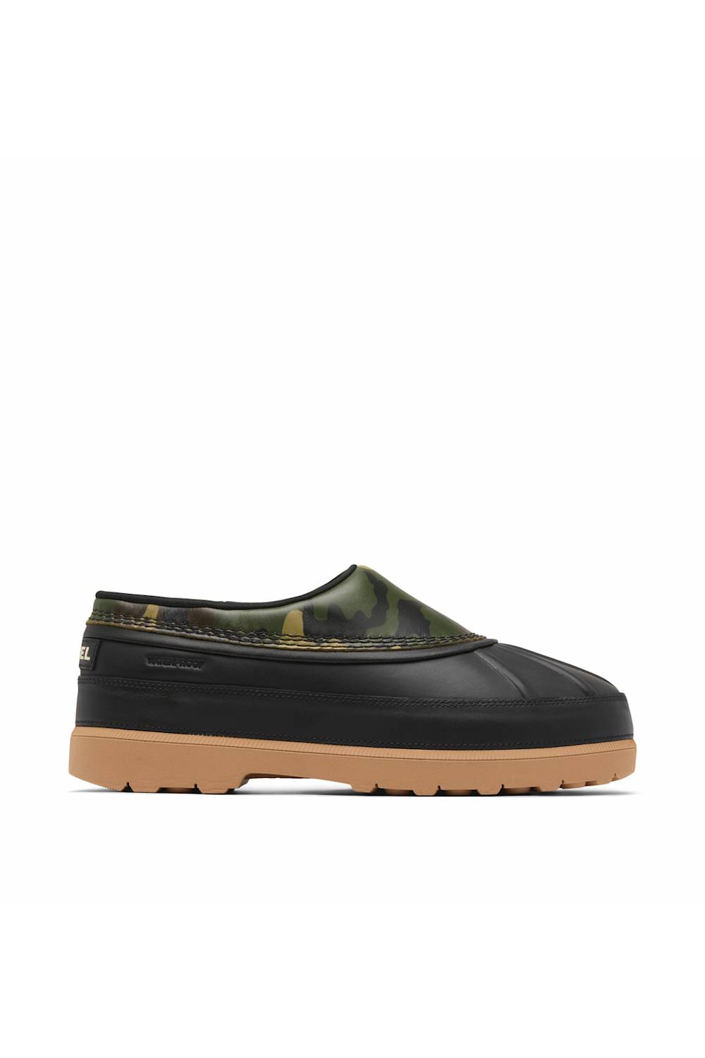 A single slip-on clog-style shoe shown in side profile on a clean white background. The upper is primarily black with a camouflage pattern panel at the back, and it has a tan gum sole.