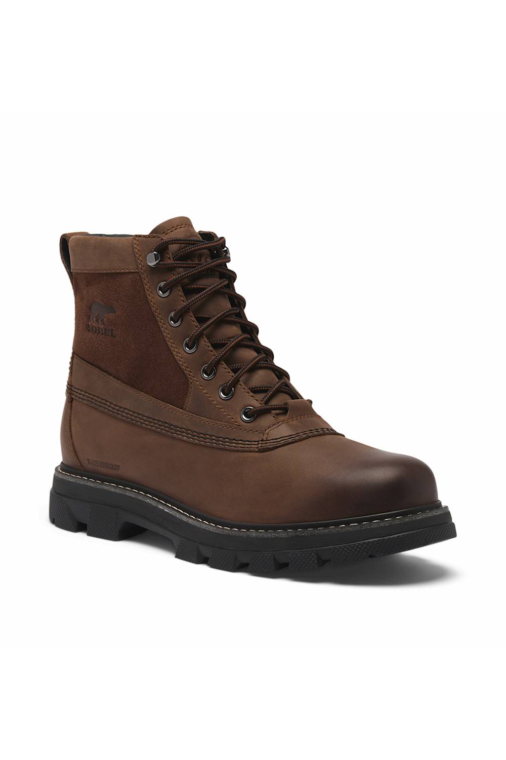 A brown leather lace-up work boot with a black rugged sole, shown from a three-quarters angle on a white background.