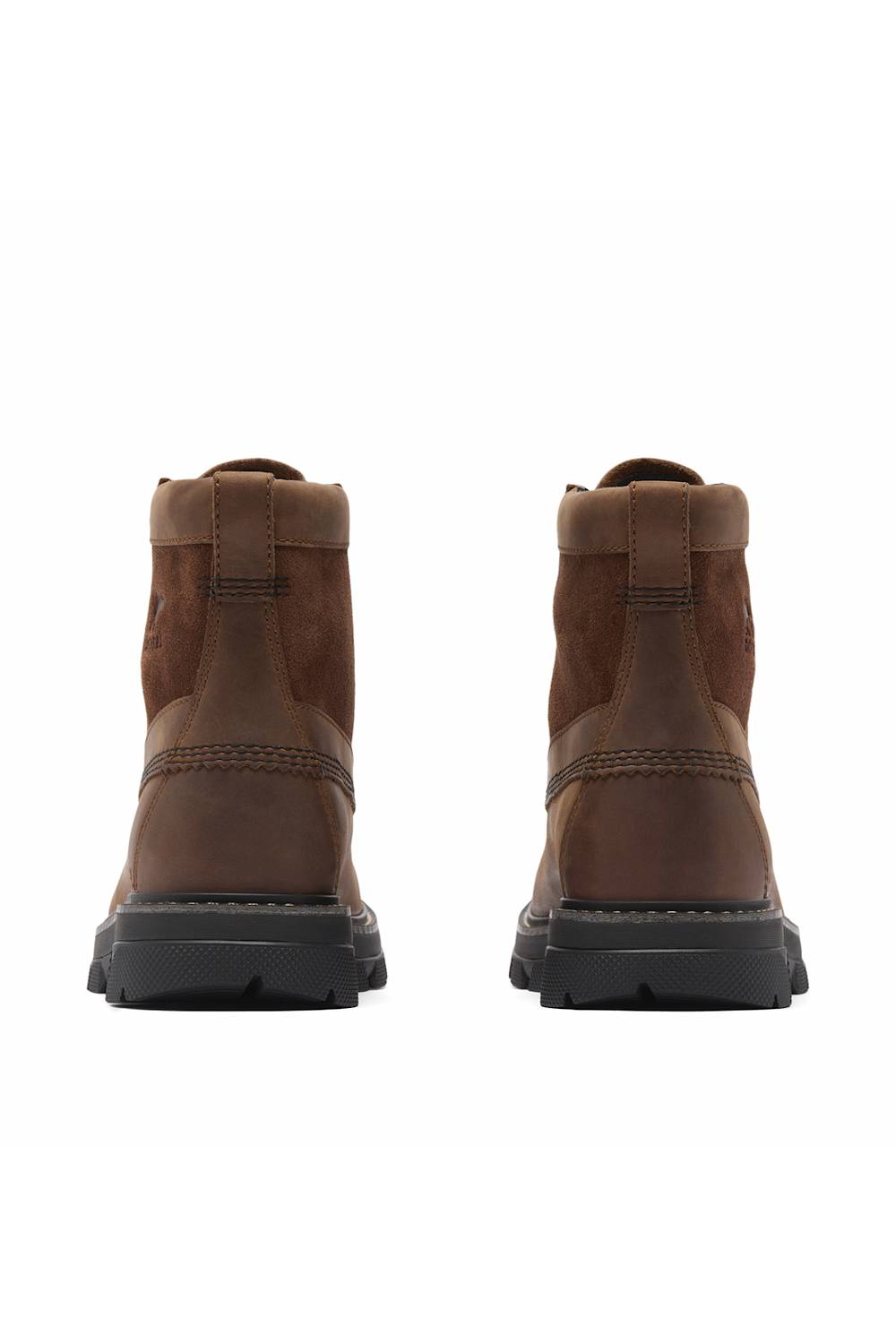 A pair of brown leather ankle boots shown from the back on a plain white background.