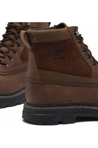 A close-up of a brown suede and leather lace-up boot with the Sorel brand logo embossed on the side, set against a plain white background.